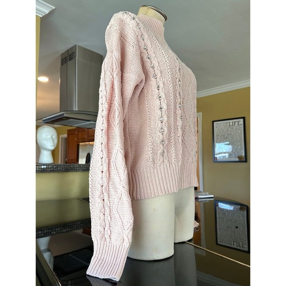 VTG 1980 Blush Ballet Pink Pearl Rhinestone Embellished Cotton Cableknit Sweater - Picture 8 of 12
